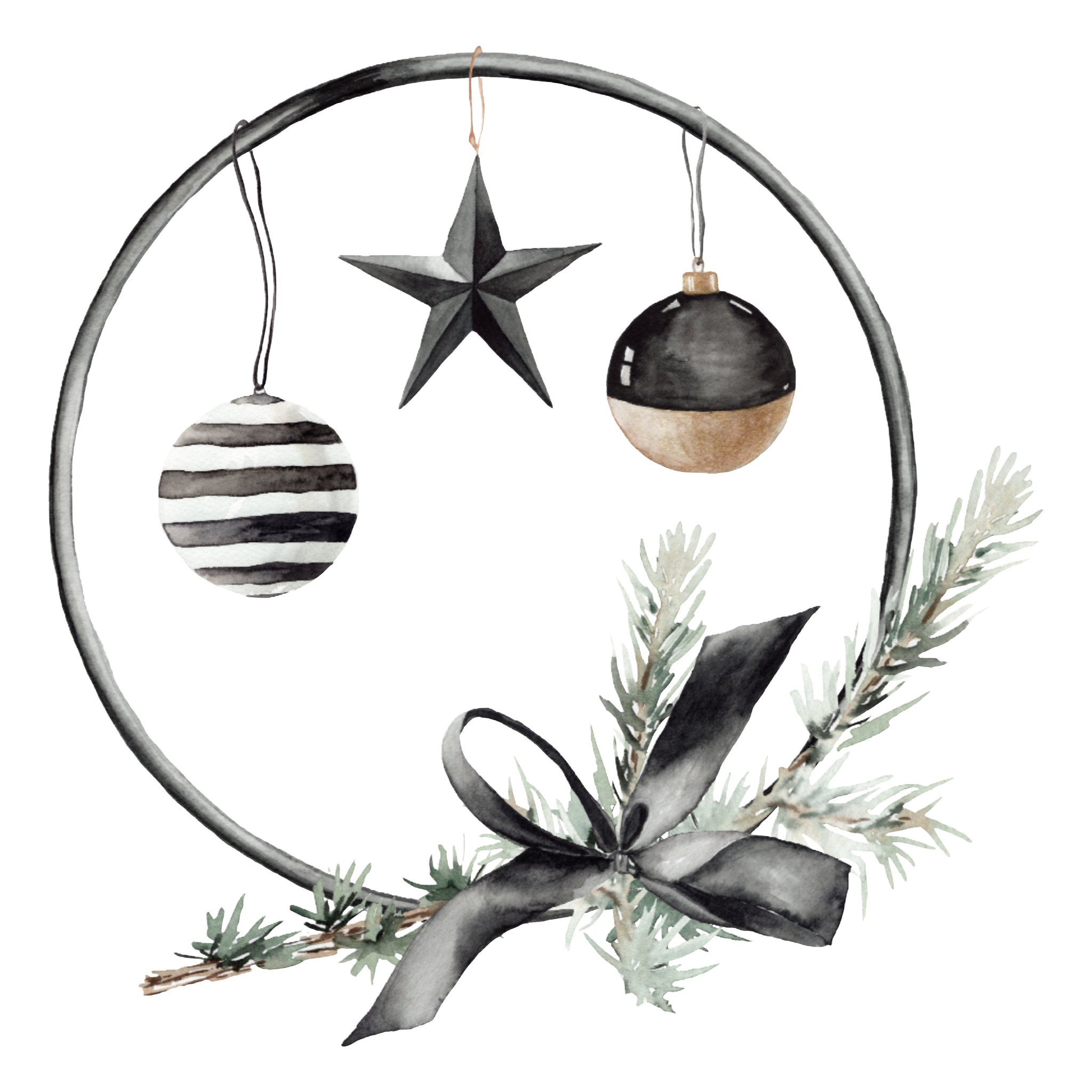 Black Tie Christmas Ornaments 12x12 Die Cut Wreath