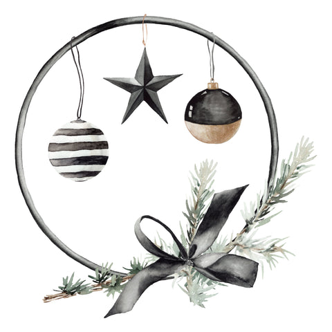 Black Tie Christmas Ornaments 12x12 Die Cut Wreath